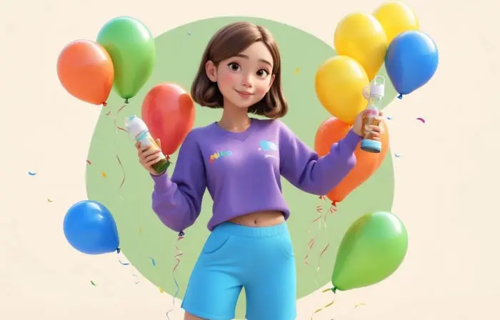 Birthday Graphic with Girl and Balloons 3D Character Illustration image